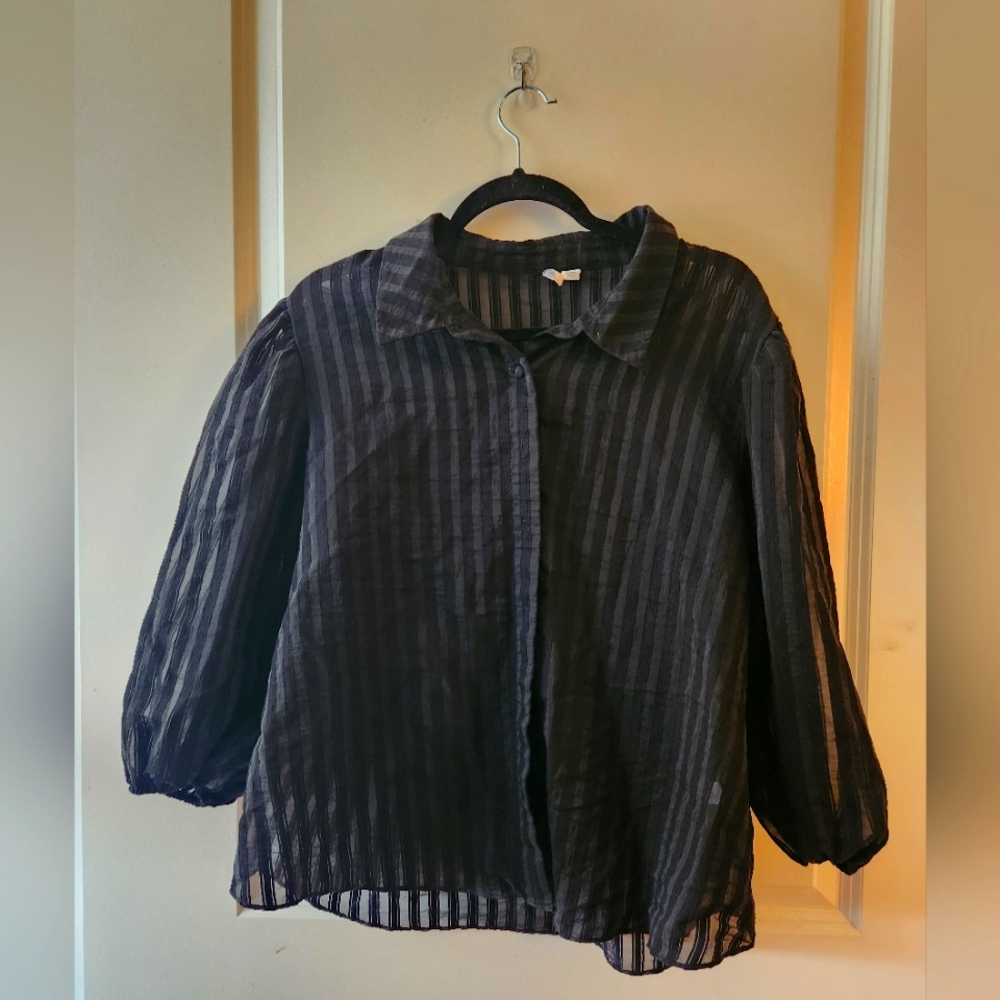 Black Button-Down Sheer Striped Top, XL